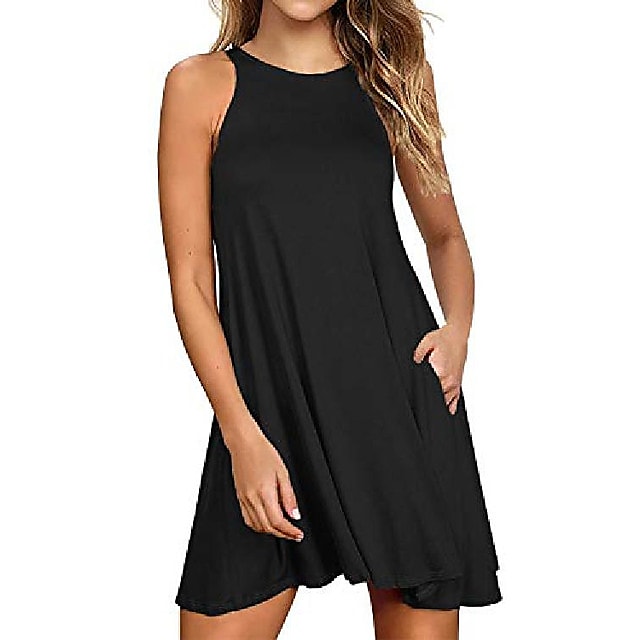 Women's Sleeveless Pure Color Pocket Crew Neck Vacation Weekend Casual Dress