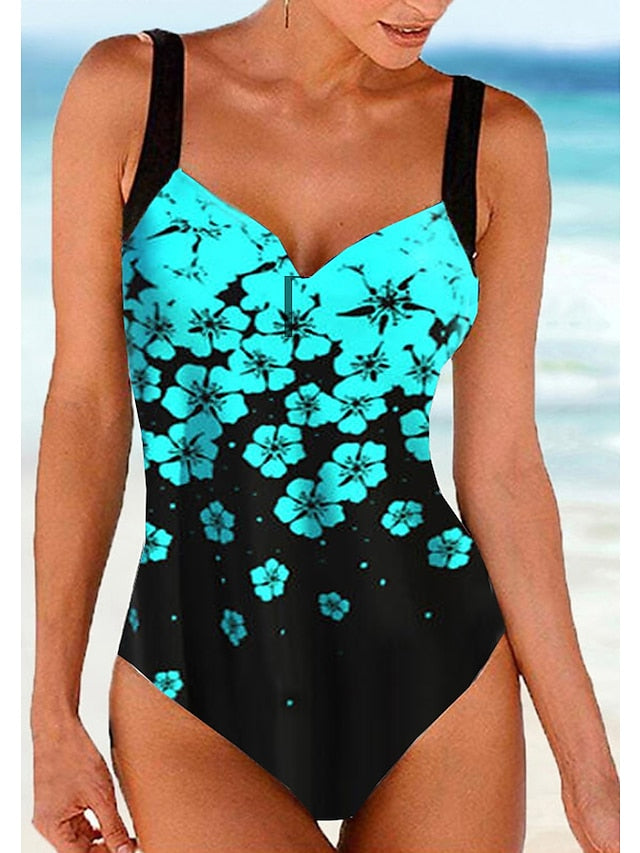 Women's Floral Print One Piece Monokini Swimsuit - High Waisted, Padded, V Wire, Sexy, Sporty