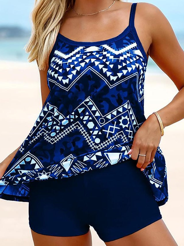 Women's Swimwear Tankini 2 Piece Plus Size Swimsuit 2 Piece Printing Geometic Red Blue Rose Red Tank Top Bathing Suits Sports Beach Wear Summer