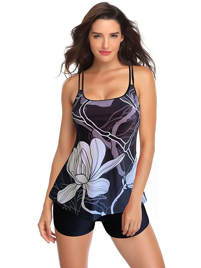 Women's Floral Tankini Swimwear Set - Adjustable, Padded, Classic Style, Blue/Black/Yellow/Navy