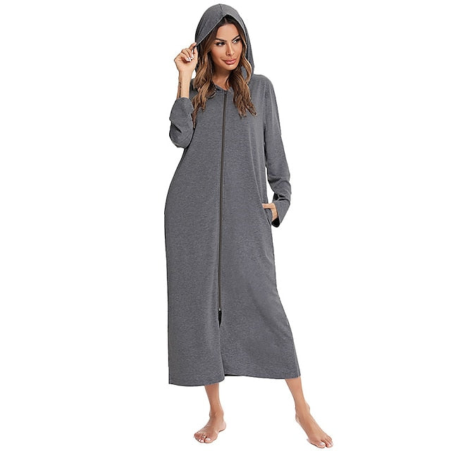 Women's Polyester Onesie Jumpsuit - Round Neck, Long Sleeve, Pocket, Zipper, Fall/Winter Comfort