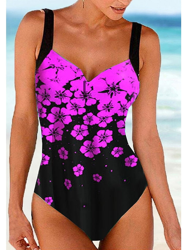 Women's Floral Print One Piece Monokini Swimsuit - High Waisted, Padded, V Wire, Sexy, Sporty