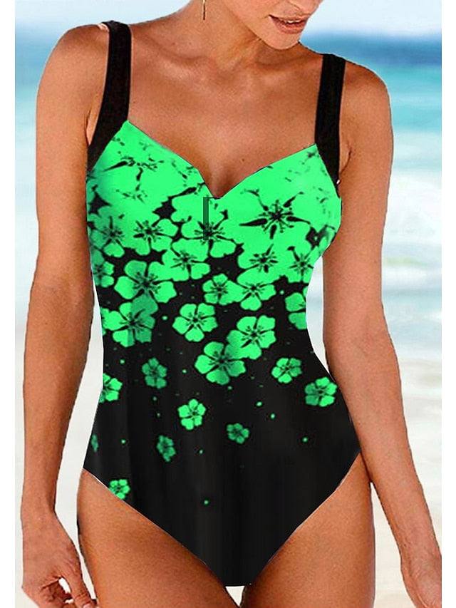 Women's Floral Print One Piece Monokini Swimsuit - High Waisted, Padded, V Wire, Sexy, Sporty