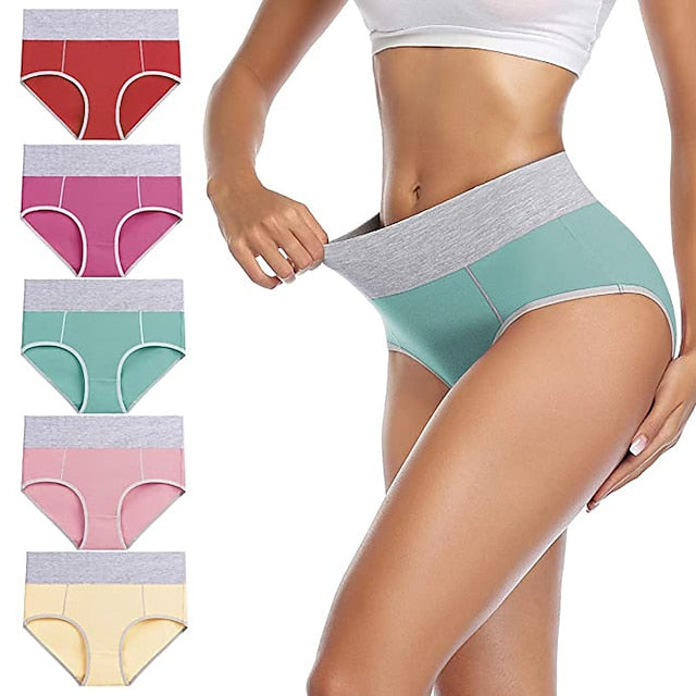 Women's Plus Size Basic Vacation Pure Color Shaping Panty Stretchy High Waist Cotton 5 Pieces Green