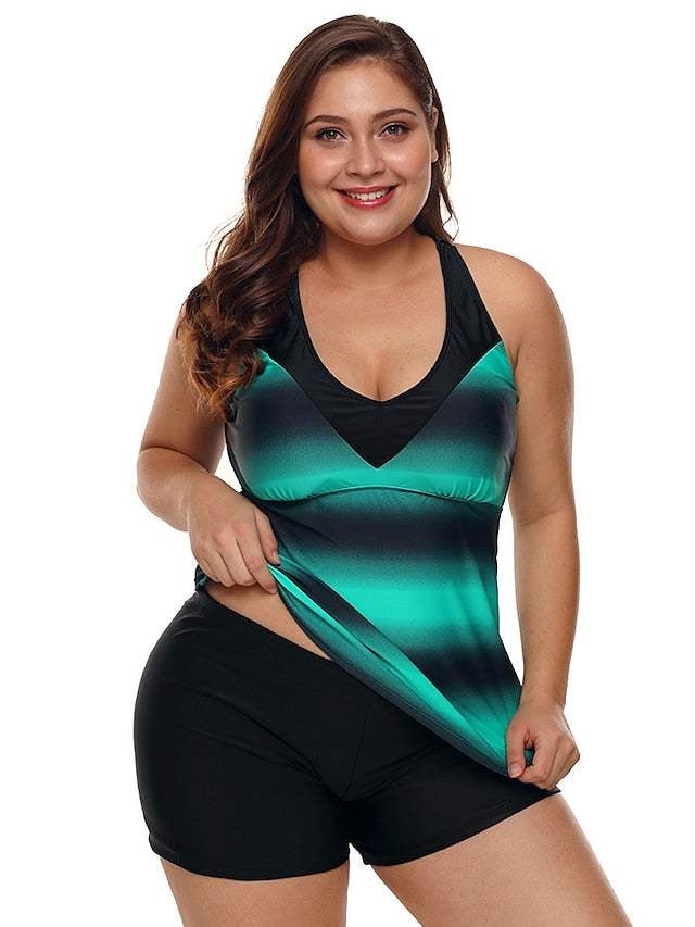 Plus Size Women's Tankini Swimsuit - Push Up, Striped, Padded, Scoop Neck, Sports & Vacation Wear