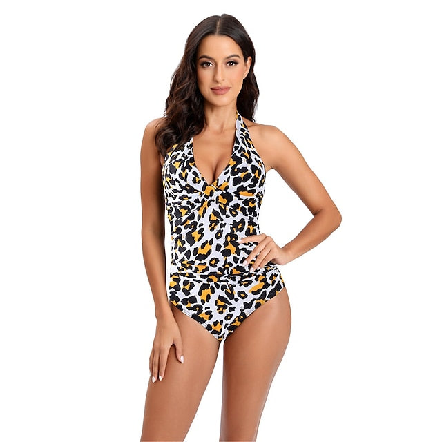 Women's Swimwear One Piece Normal Swimsuit Open Back Solid Color Leopard Leopard Print Black Wine Blue Green Bodysuit Bathing Suits Sports Summer