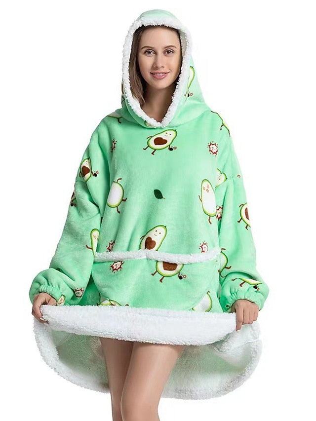 Women's Oversized Plush Hoodie Blanket Pajamas - Winter Wearable Nightgown with Pockets
