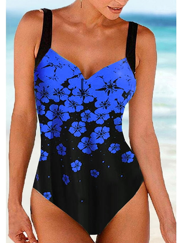 Women's Floral Print One Piece Monokini Swimsuit - High Waisted, Padded, V Wire, Sexy, Sporty