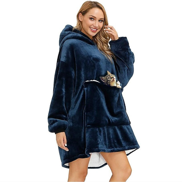 Women's Pajamas Nightgown Wearable Blanket Hoodie Fleece Warm Cartoon Star Long Sleeve Pocket