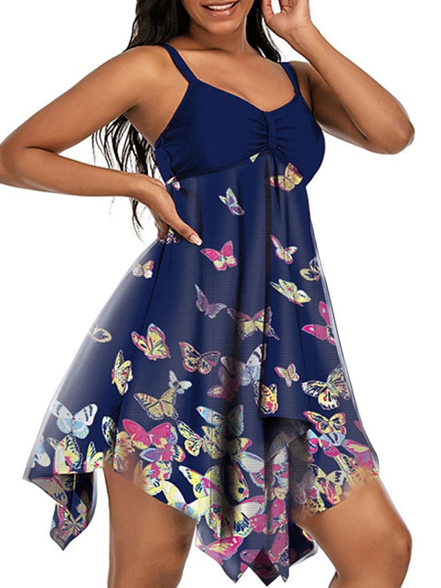Plus Size Women's Tankini Swim Dress - Open Back, Animal Print, Navy Blue, Vacation Fashion