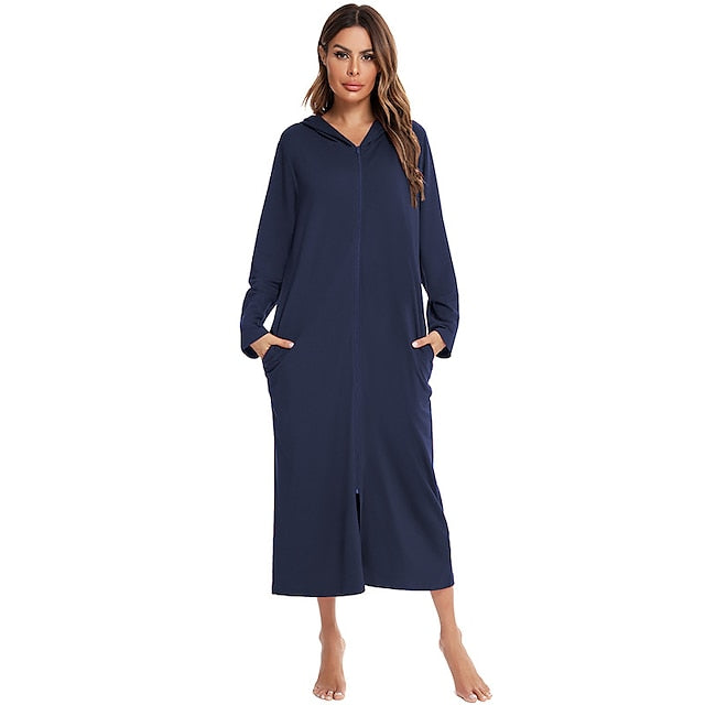 Women's Polyester Onesie Jumpsuit - Round Neck, Long Sleeve, Pocket, Zipper, Fall/Winter Comfort