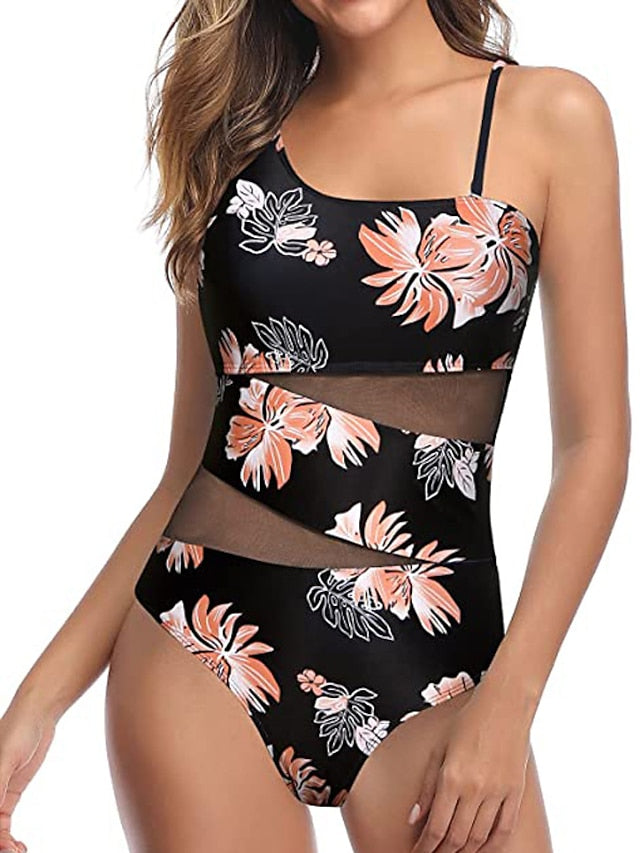 Women's One Piece Monokini Swimsuit - Backless, Tummy Control, Mesh Print