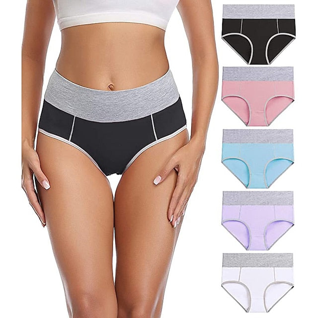 Women's Plus Size Basic Vacation Pure Color Shaping Panty Stretchy High Waist Cotton 5 Pieces Green