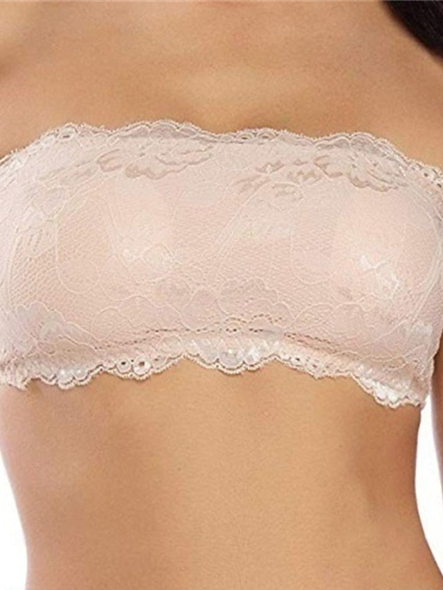Women's Lace Bras Padded Bras Tube Bra Strapless Bras Full Coverage Scoop Neck Breathable Invisible Lace Pure Color Pull-On