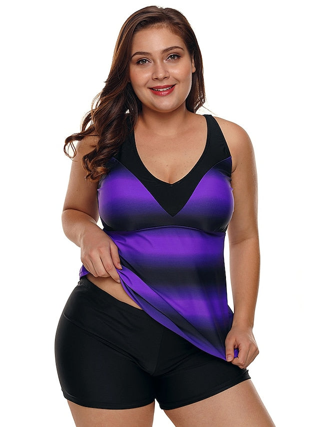 Plus Size Women's Tankini Swimsuit - Push Up, Striped, Padded, Scoop Neck, Sports & Vacation Wear