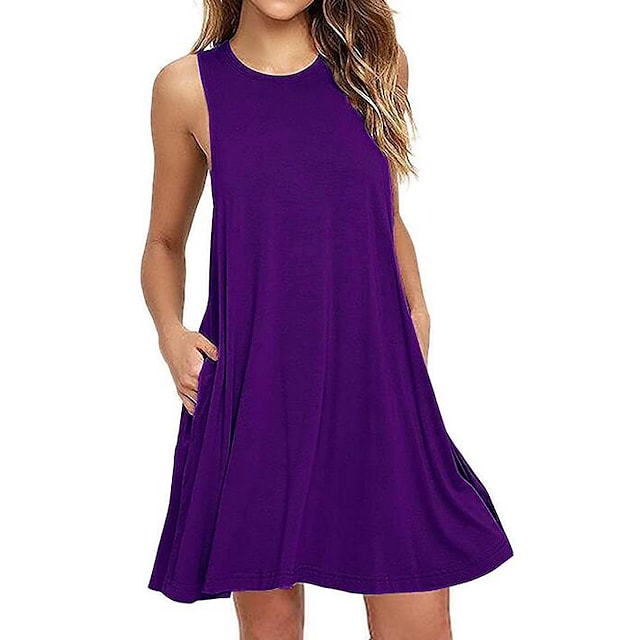 Women's Sleeveless Pure Color Pocket Crew Neck Vacation Weekend Casual Dress