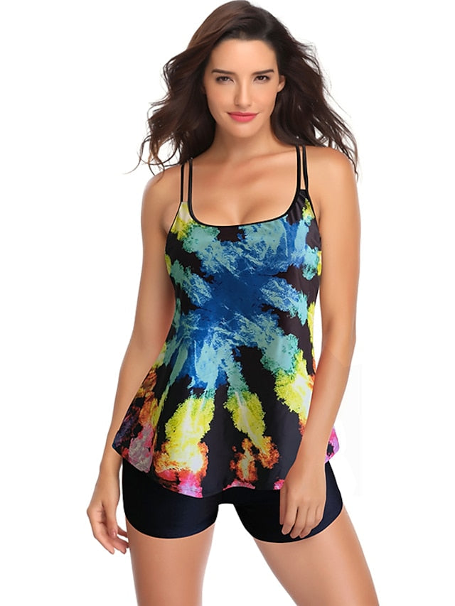 Women's Floral Tankini Swimwear Set - Adjustable, Padded, Classic Style, Blue/Black/Yellow/Navy