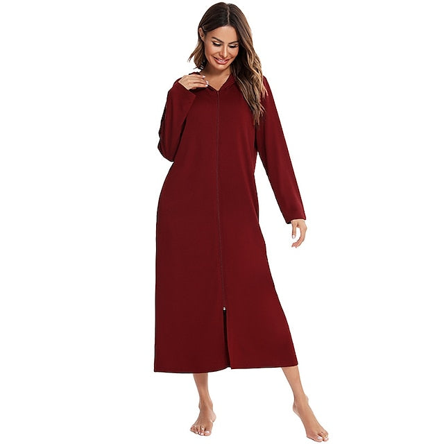 Women's Polyester Onesie Jumpsuit - Round Neck, Long Sleeve, Pocket, Zipper, Fall/Winter Comfort