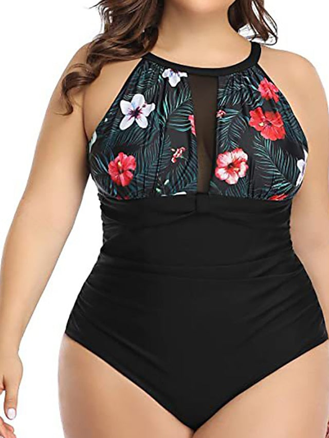Plus Size Women's Floral Striped One Piece Swimsuit - Modern, Sexy, Padded, Vacation Swimwear