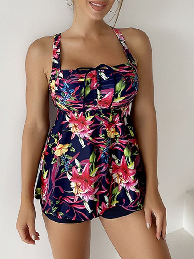 Plus Size Floral Tankini Swim Dress - Women's Open Back Camisole Swimsuit for Vacation