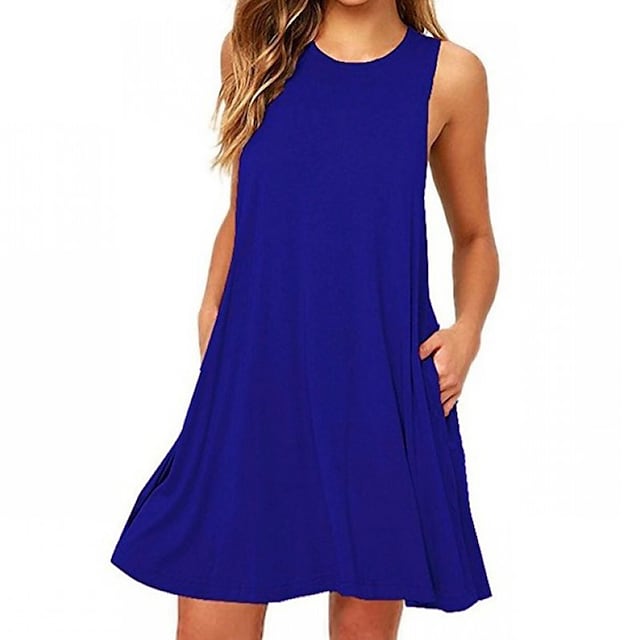 Women's Sleeveless Pure Color Pocket Crew Neck Vacation Weekend Casual Dress