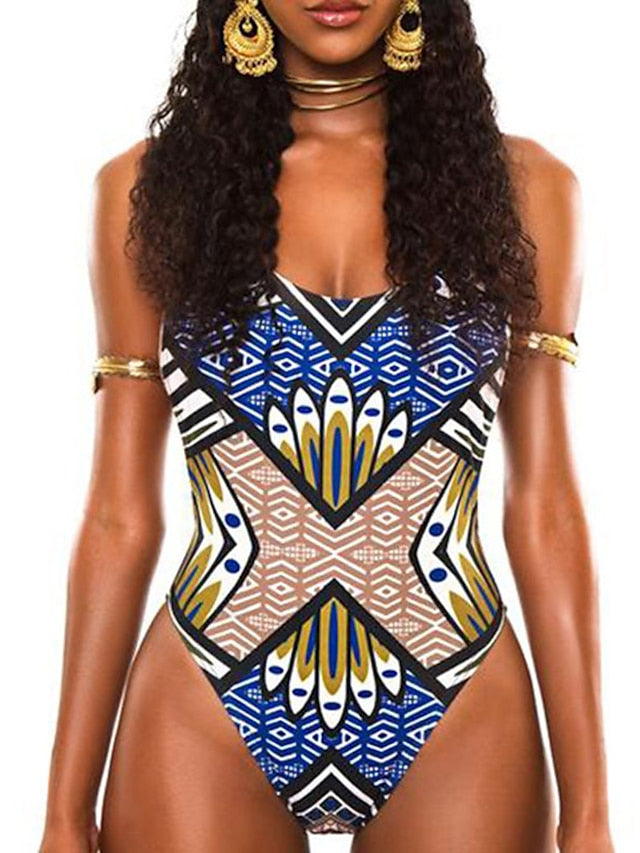 Women's One Piece Monokini Swimsuit, Tummy Control, Geometric Print, Scoop Neck, Blue/Pink/Navy