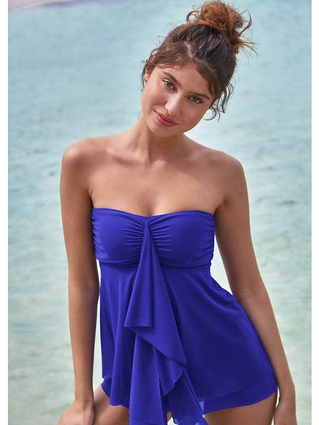 Women's Swimwear Tankini 2 Piece Normal Swimsuit High Waisted Solid Color Green Black Rosy Pink Khaki Royal Blue Padded V