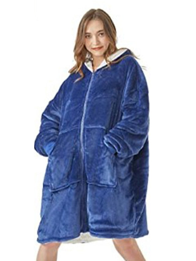 Women's Oversized Plush Fleece Hoodie Nightgown - Warm Winter Pajamas with Pocket, Long Sleeve for Home & Bed