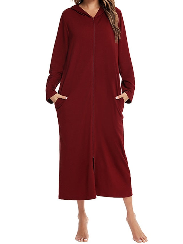 Women's Casual Midi Shift Dress with Pockets - Solid Color Hooded Lounge Wear