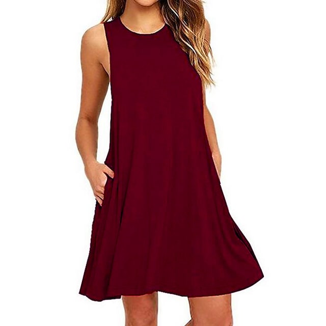 Women's Sleeveless Pure Color Pocket Crew Neck Vacation Weekend Casual Dress