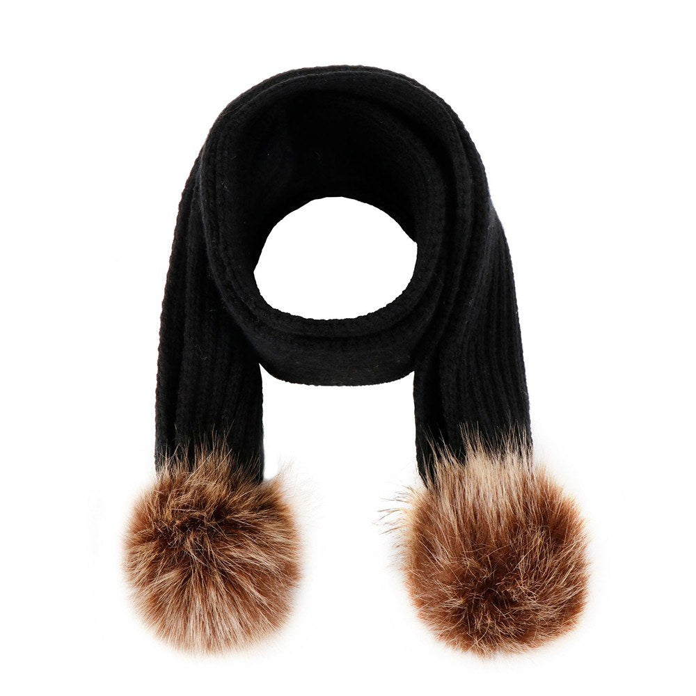 Infant Toddler Knitted Wool Scarf with Pom Poms - Winter Warm Ribbed Design