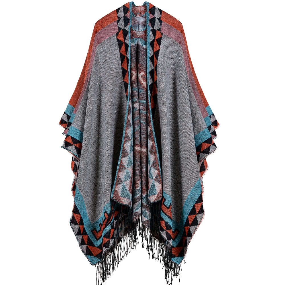 Boho Women's Geometric Knit Poncho Shawl, Faux Cashmere Tassel Cape, Oversized & Warm