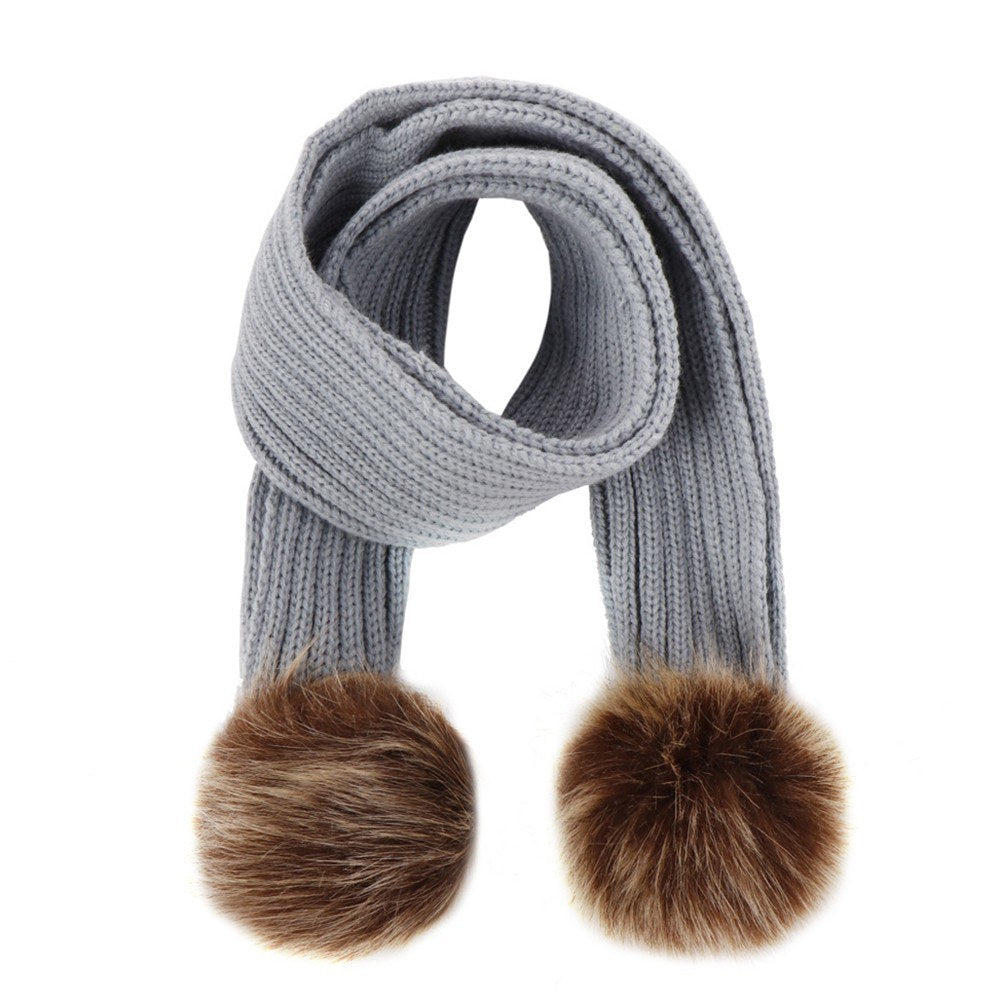 Infant Toddler Knitted Wool Scarf with Pom Poms - Winter Warm Ribbed Design