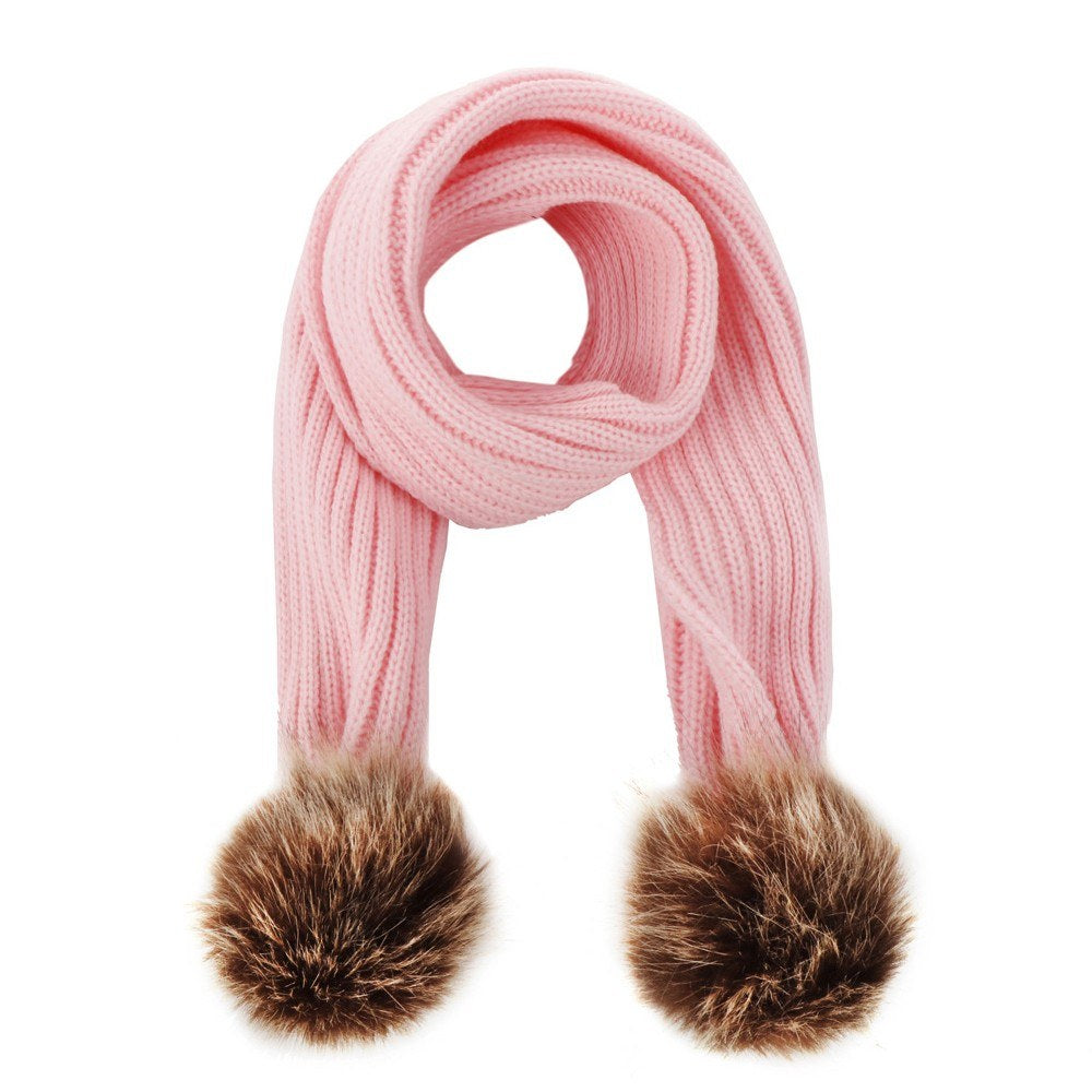 Infant Toddler Knitted Wool Scarf with Pom Poms - Winter Warm Ribbed Design