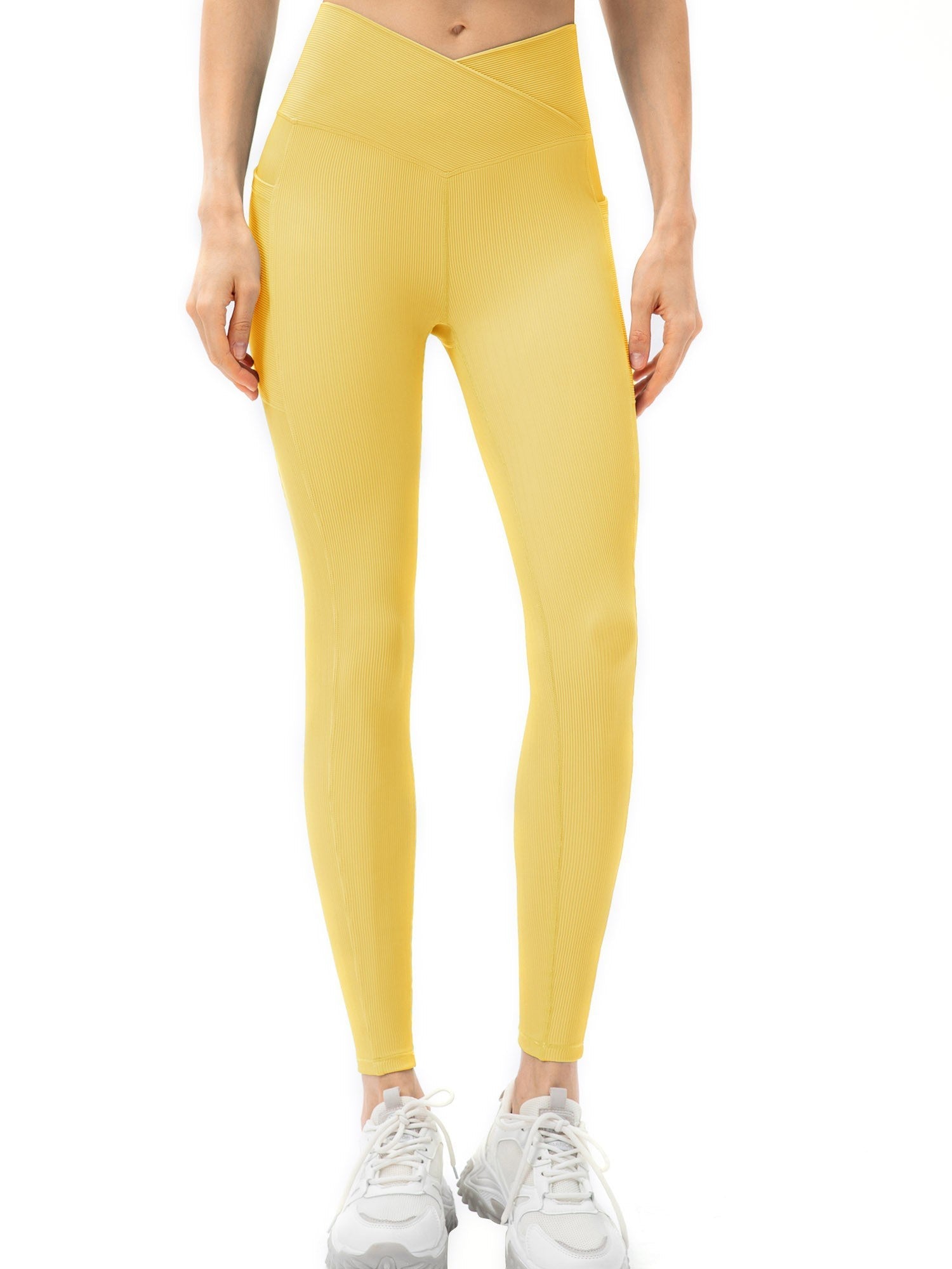 Women Sports Leggings Yoga Tights with Pockets Ribbed Pants