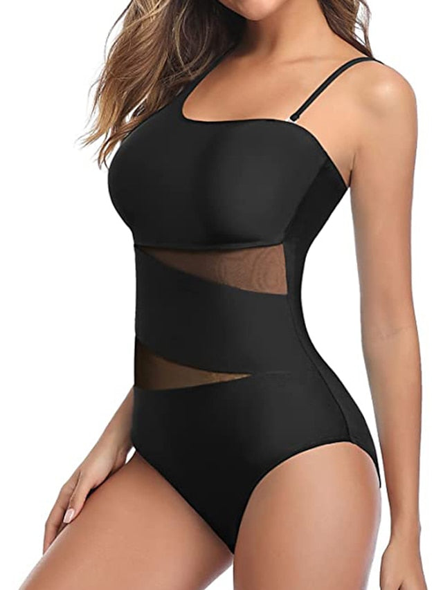 Women's One Piece Monokini Swimsuit - Backless, Tummy Control, Mesh Print