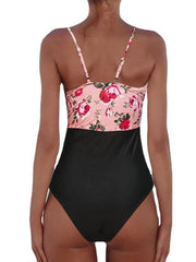 Women's Floral V-Wire One Piece Swimsuit, Tummy Control, Open Back, Rosy Pink, Sexy Vacation Fashion