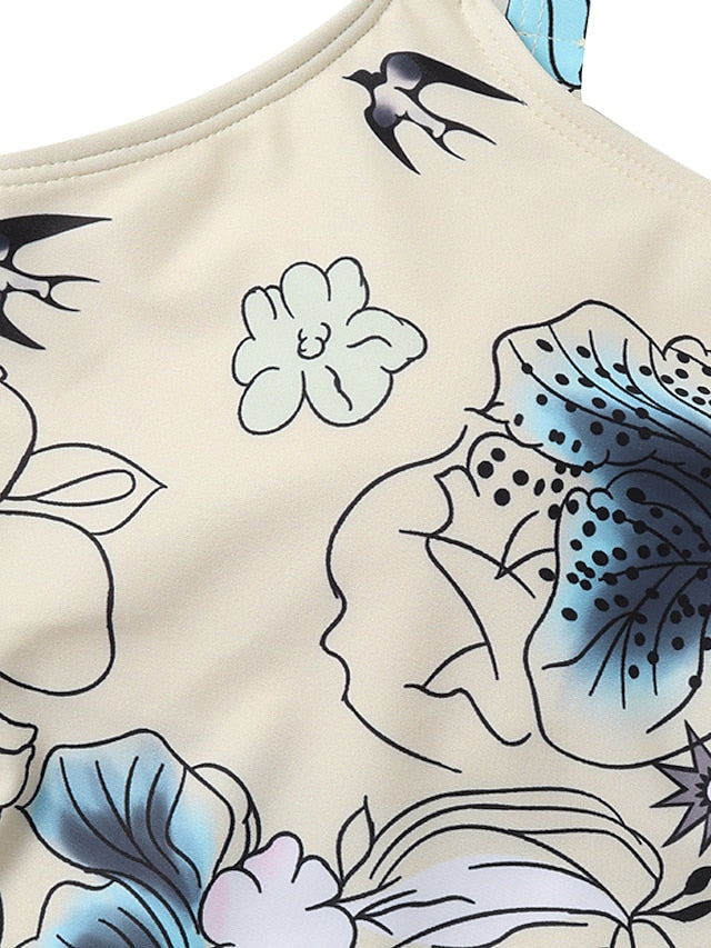 Women's Floral Print Tankini Swimsuit, High Waisted, Padded, Khaki, Sexy Sports Vacation Wear