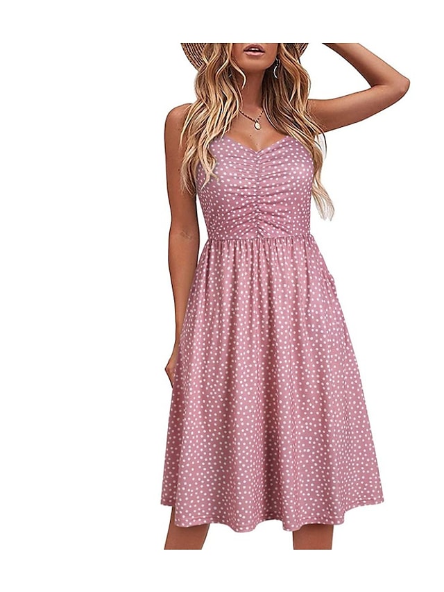 Women's Wrinkle Design Sleeveless Print V Neck Elegant Dress