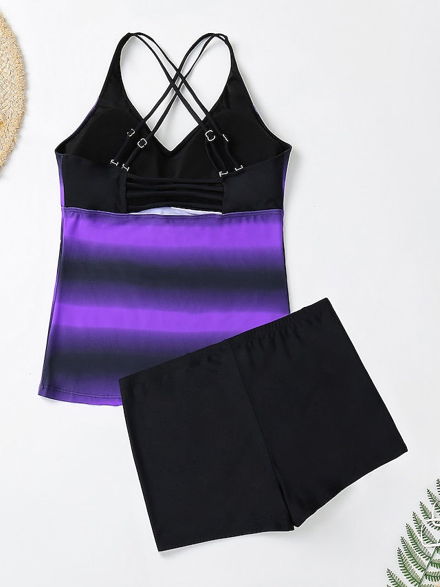 Plus Size Women's Tankini Swimsuit - Push Up, Striped, Padded, Scoop Neck, Sports & Vacation Wear