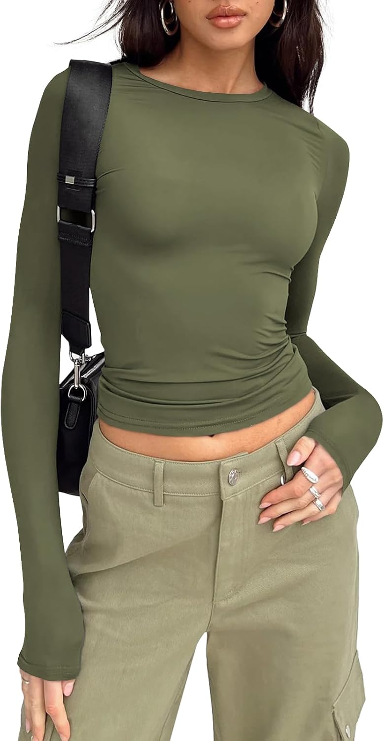 Womens Long Sleeve Shirts Basic Crop Tops Tight Slim Fit Cute Teen Girls Fall Winter Clothes
