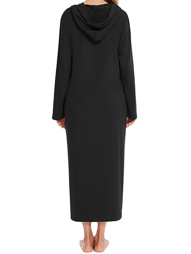 Women's Casual Midi Shift Dress with Pockets - Solid Color Hooded Lounge Wear