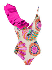 Women's Tankini Monokini Bathing Suit 2-Piece Ruffle Floral Print Padded Strap Pink Blue Retro