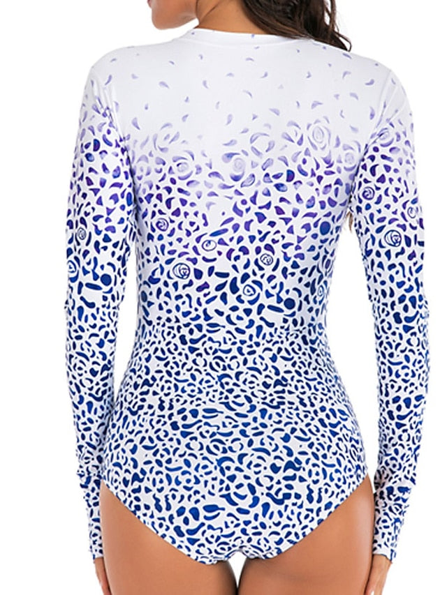 Women's UV Protection Rash Guard Swimsuit, Zipper, Color Block, Blue, Padded, High Neck, Fashionable
