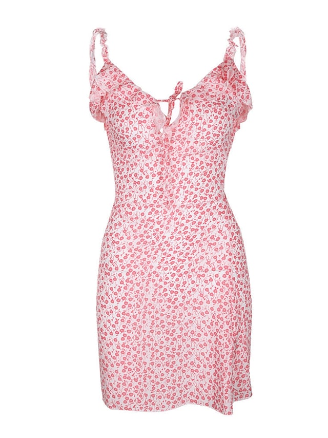 Women's Sleeveless Floral Ruffle V Neck Slim Dress