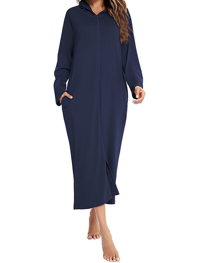 Women's Casual Midi Shift Dress with Pockets - Solid Color Hooded Lounge Wear