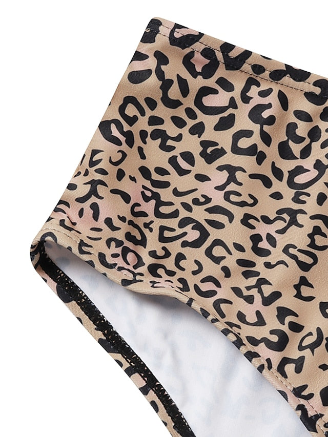 Plus Size Women's Leopard Print One Piece Swimsuit, Tummy Control, High Neck, Padded, Modest Swimwear