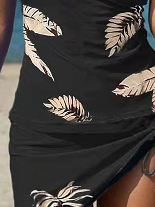 Plus Size Women's Tankini Swim Dress - Halter V Wire, Open Back, Tree/Leaf Print, Black, Modest Swimwear