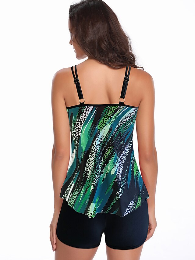 Women's Swimwear Tankini with Shorts / Top Normal Swimsuit Printing Waves Colorful Green Rainbow Padded Strap Bathing Suits