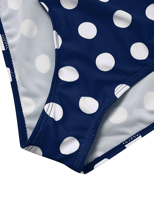 Women's Swimwear One Piece Monokini Bathing Suits Normal Swimsuit Tummy Control High Waisted Polka Dot Navy Blue Padded Bathing